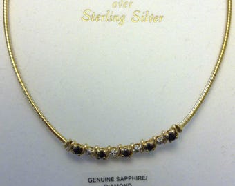 Vintage 18Kt Gold Over Sterling Silver Choker, Sapphire & Diamond