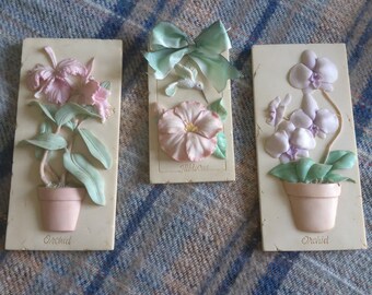 Raised Relief Orchid Wall Plaques, Hummingbird and Hibiscus, Mud Pie 2000 (Set of 3)
