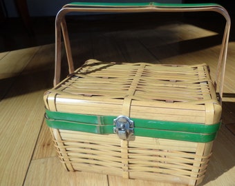 Bamboo Basket Purse with Green Handles and matching trim in Very Good Condition which can be used as purse or a picnic basket