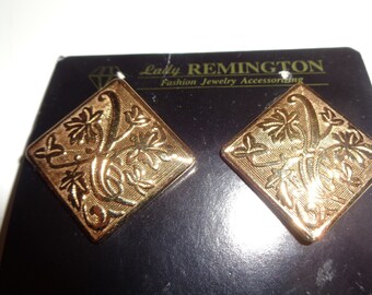 1980s Lady Remington Faux Gold Square Earrings, Floral Relief