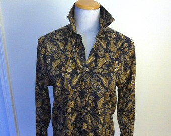 Vintage Black and Tobacco Paisley Print Blouse/Shirt, Size Small Slim Fit , 100% Cotton