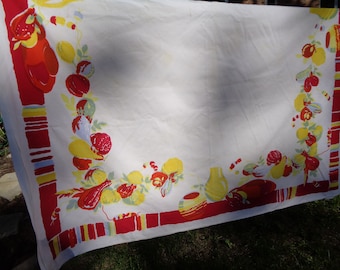 Vintage Wilendur Cotton Tablecloth, Fruits & Pottery Print, 66x56