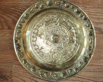Vintage Brass Mayan Calendar Wall Plaque, Floral Relief Design