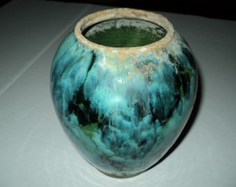 Art Nouveau Ceramic Vase, Aqua Blue Green Glaze, Patina Finish