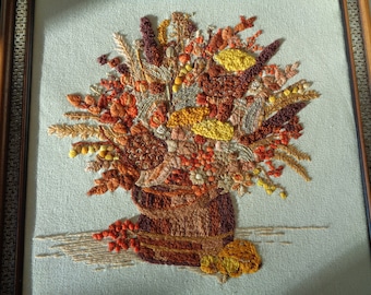 Vintage Hand Sewn Crewel Embroidered Tapestry in an Autumn color palette of warm reds, oranges, browns and yellows in Mint Condition