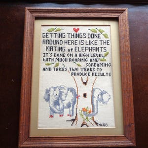 LET'S GET POLITICAL Shall We?  Vintage Hand Sewn Cross Stitched Sampler referring to the job of getting things done signed and dated 1980