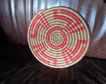 Vintage Hand Woven Round Plate Like Basket made from natural Reeds and Red and Beige Cotton Yarns  in Mint Condition