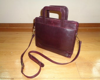 Vintage Burgundy Red Leather Satchel, Brass Hardware Crossbody Bag