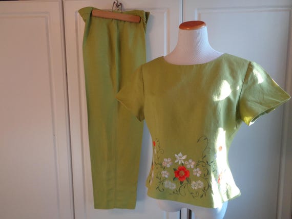 Vintage Embroidered Linen Rayon Blend  Pantsuit S… - image 4