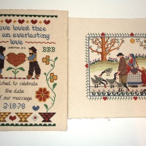 2 Vintage Hand Sewn Cross Stitch Samplers in Very Good Condition which have been adhered to cardboard and need frames