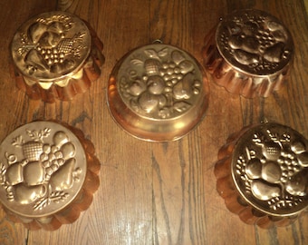Vintage Copper Baking Molds, Fruit Relief Design, Set of 5