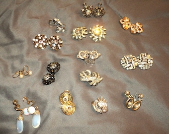 Vintage Rhinestone Earrings Lot, Bridal Bouquet Embellishments, Real Pearls Included