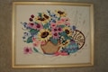 Vintage Hand Stitched Crewel Work Pottery and Basket display with a wonderful floral bouquet in Very Good Condition, Southwest Style