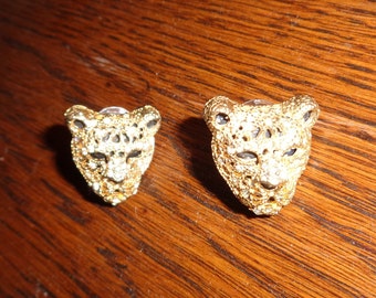 Vintage Gold Plated Leopard Earrings, Cubic Zirconia Feline Jewelry