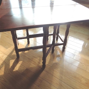 May include: A dark brown, wooden drop-leaf table with turned legs. The table is rectangular with a smooth surface and is set on a hardwood floor. The table's shadow is cast on the floor.