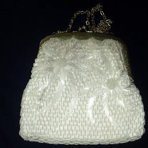 Vintage White Beaded with long  brass chain link  shoulder strap and scalloped edged brass clasp in Near Mint Condition