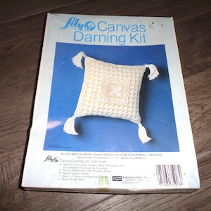 Vintage Canvas Darning Kit for A Colonial Chain Design Pillow Cover/ Wall Hanging in the original unopened box packaging in Mint Condition