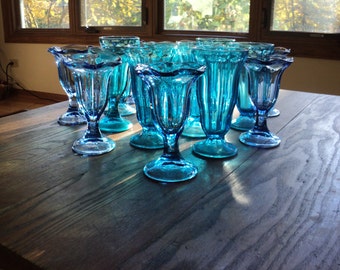 24 Vintage Ice Cream Sundae Glasses, An Instant Curated Collection of Aqua blue, Baby Blue, Dark Blue and Light Blue Glasses in Great Shapes