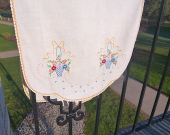 Vintage Cotton Hand Embroidered Table Runner or Tea Towel with hand made lace crochet edge trim finish in Vintage Condition