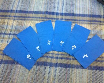 6  Blue Irish Linen Cloth Napkins with white hand embroidered three leaf clovers/shamrocks in Near Mint Condition to enhance your table