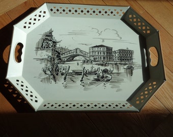 Hand Painted Rialto Bridge Metal Serving Tray, Venice Landmark Decor
