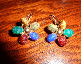 Vintage Scarab Gemstone Daisy Earrings: Jade, Tiger Eye, Lapis