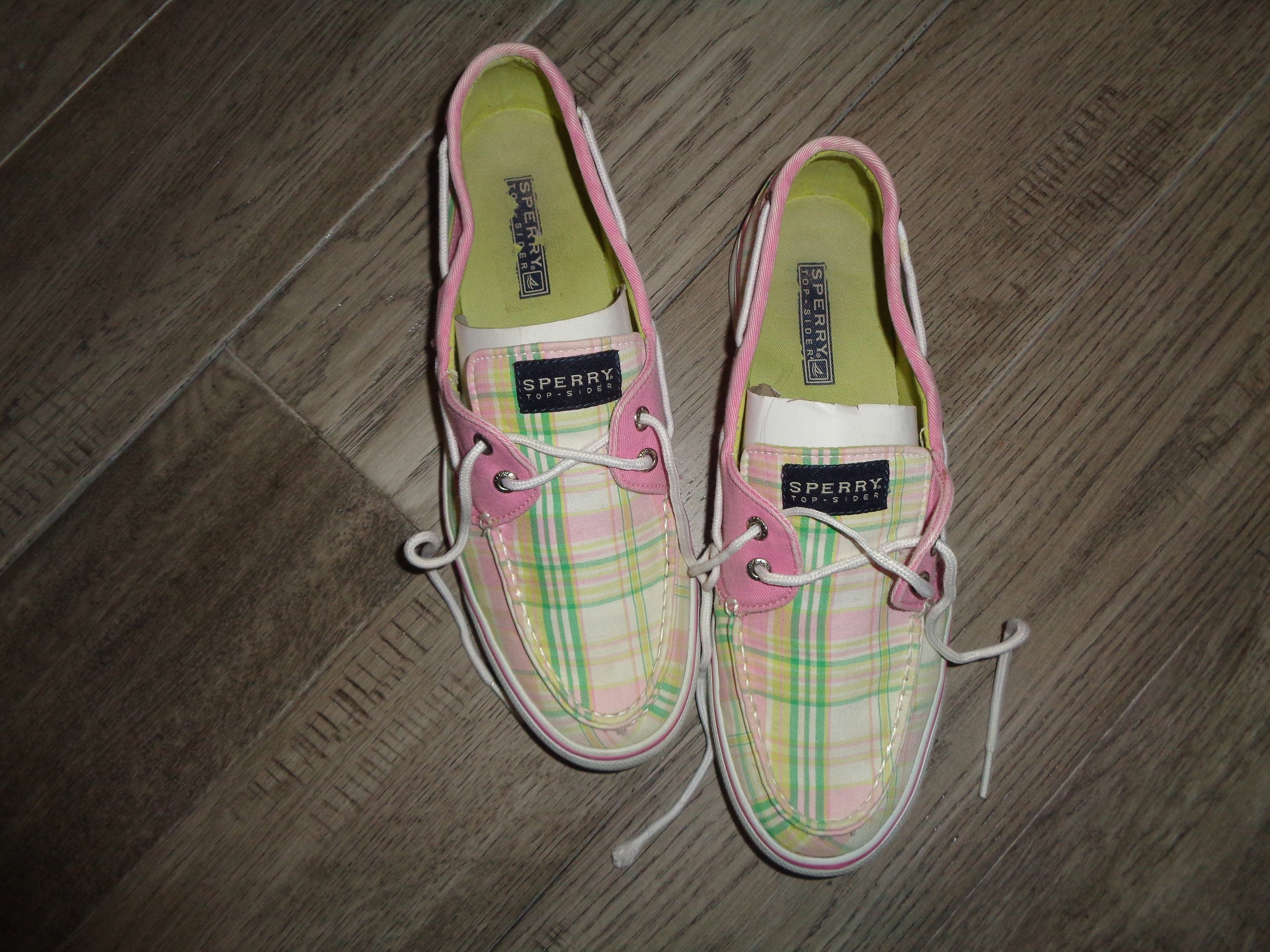 Vintage Sperry Top-sider Pink Plaid Canvas Boat Shoes, Size  display picture 3