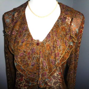 Vintage J. Jill Silk Patchwork Blouse, Ruffled Neckline, Size Small