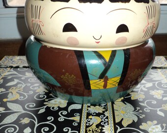Vintage Kokeshi Wooden Bento Box, Lacquer Painted Samurai, Teal Kimono
