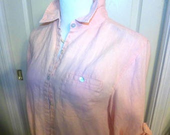 Peach Linen Blouse, Mother of Pearl Buttons, Size M