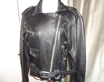 BIKER CHIC STYLE; Vintage Black Leather Biker Jacket, Unisex Style Size L Female Jacket with A Virginia Slims Brand Label in Great Condition