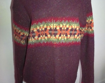 Vintage EDDIE BAUER BRAND Name Sweater, Size Women's M in Vintage Condition with a fair isle pattern design on a dark red rag wool knit