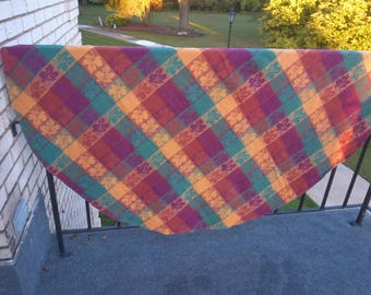 Vintage Autumn Plaid Tablecloth, 60" Round Cotton Maple Leaf Design. SOLD AS IS