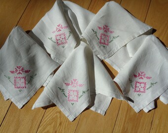 Vintage White Linen Napkins, Pink Floral Embroidery (Set of 5)