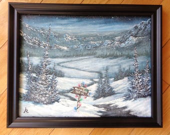 Framed Winter Landscape Painting, "Destination North Pole" Folk Art