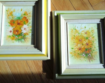 Floral Daisy Oil Paintings, 60's Style, Framed, Pair