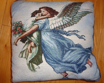 Vintage Angel Holding Child Tapestry Pillow, Machine Woven Textile Cushion