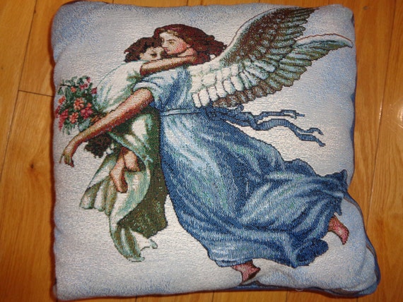 Vintage Angel Holding Child Tapestry Pillow, Machine Woven Textile Cushion