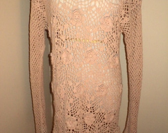 Vintage Hand Crochet Silk Yarn Knit Beach Coverup with wonderful rosette flowers in this delightfully designed silk textile