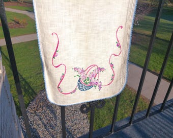 Hand Embroidered Floral Table Runner, Woven Cotton, Lace Trim (12x40)