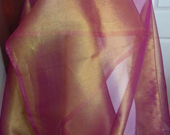 Sheer Golden Red Orange Organza Fabric in Very Good Condition with Dark Red Beaded Plastic Trim Edge Finish