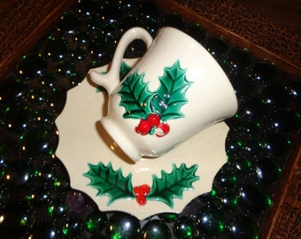 Vintage Christmas Tea Cups with Saucers in Vintage Condition with wonderful well developed patina, Hand Painted, Glazed Ceramic Mold Sets