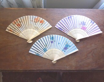 3 Oriental Folding Fans with Silk Like Brocade Embroidered Pouch, Opens to 15" wide