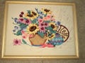 Vintage Hand Stitched Crewel Work Pottery and Basket display with a wonderful floral bouquet in Very Good Condition, Southwest Style