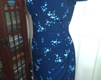 Vintage LAUREN Navy Blue Floral Dress, Ruched Waist, Ruffled Cap Sleeves, Size 4