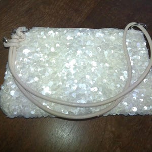 Evening Bag: White Pearlescent Sequins, Faux Pearl Beads, Zipper Closure