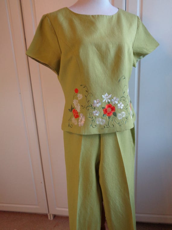 Vintage Embroidered Linen Rayon Blend  Pantsuit S… - image 3