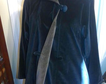 Vintage Velvet Coat, Black with Brown Trim, Women's Size Medium