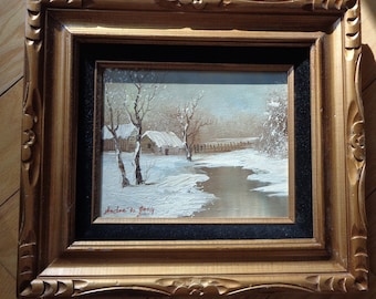 Snow Covered Cabin in the Woods in the Winter original oil painting  by The Artist Andre De Jonge, A Calm Composition in  great gold frame