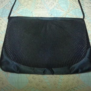Vintage Black Satin Formal Evening Purse with understated, elegant pleated fan like  front with snap closure in Very Good Condition
